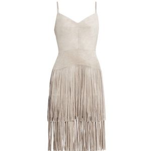 BCBG Taupe Faux Sued Fringe Dress